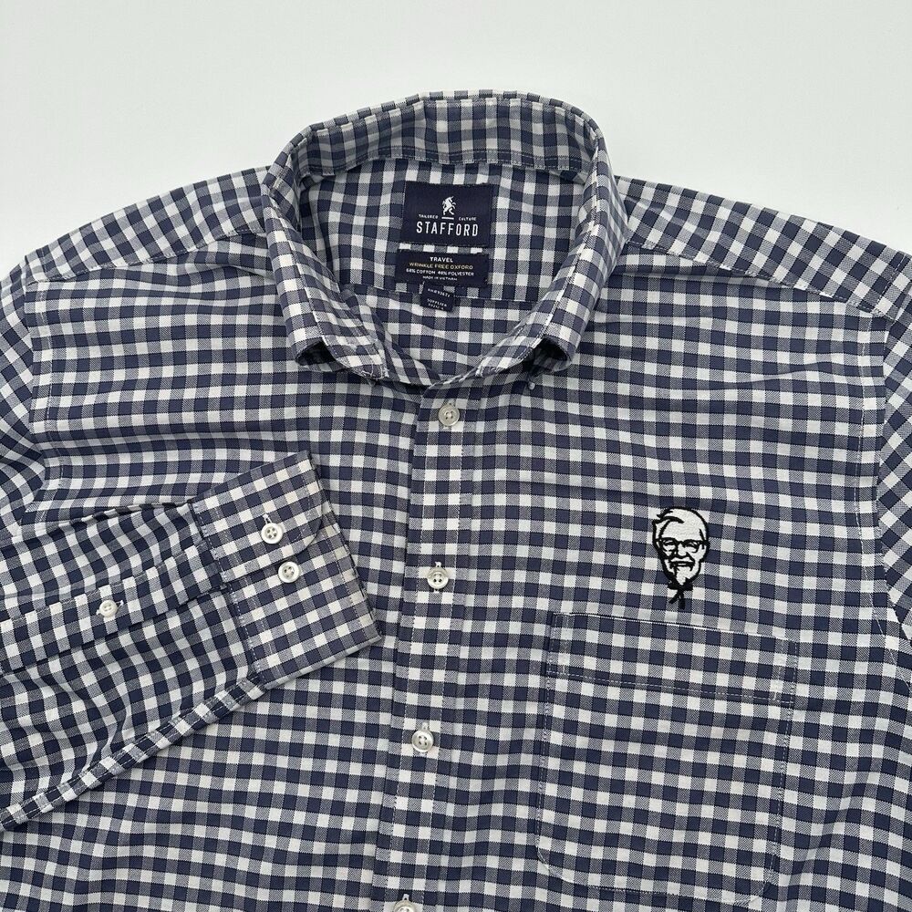 Stafford KFC Colonel Sanders Logo Dress Shirt Men's 16 Fitted Blue Gingham Check